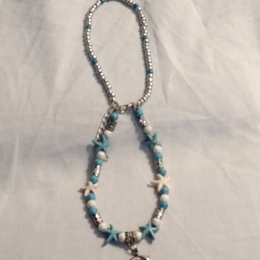 Starfish Charm Beaded Necklace - Blue and Silver - Picture 2 of 10